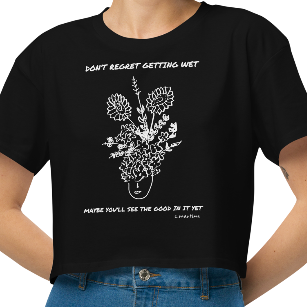 Women’s Black Cropped Quote T-Shirt with Flowers Illustration