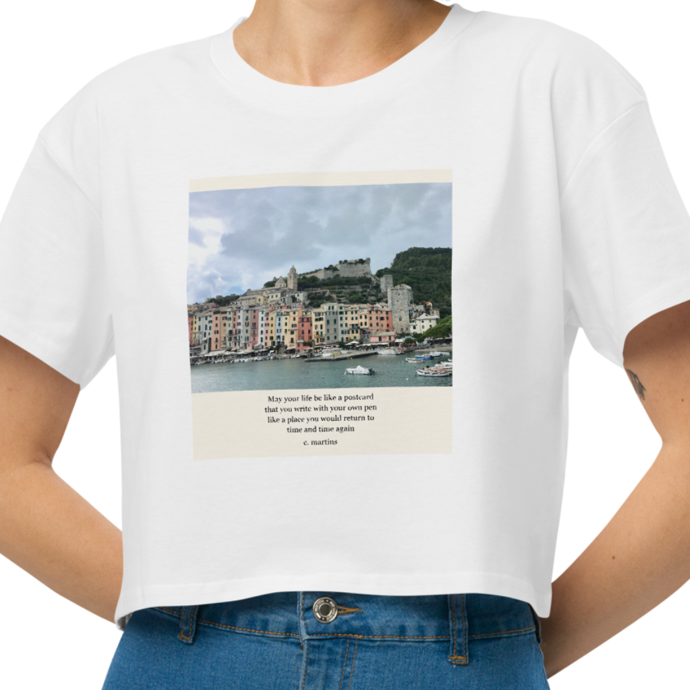 Women’s White Cropped Quote T-Shirt with Italian Beach Photo
