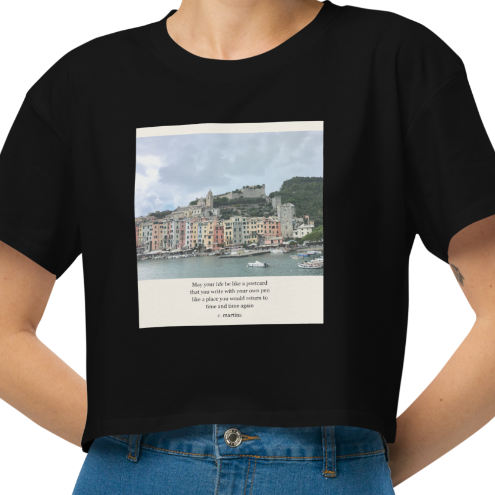 Women’s Black Cropped Quote T-Shirt with Italian Beach Photo