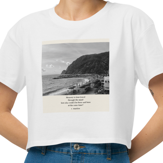 Women’s White Cropped Quote T-Shirt with Beach Photo