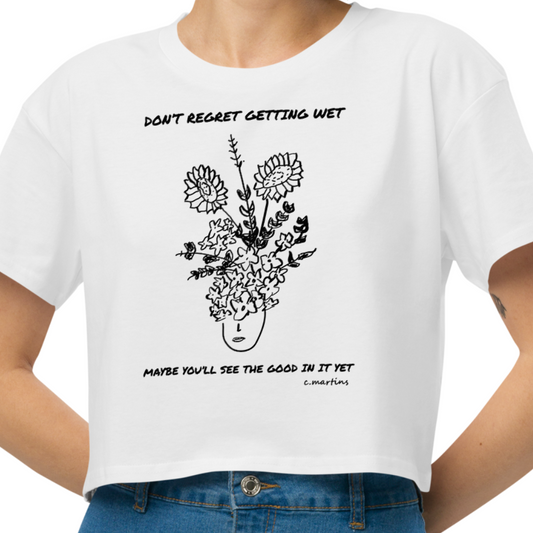 Women’s White Cropped Quote T-Shirt with Flowers Illustration