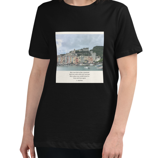 Women's Relaxed T-shirt with Poetry verse and Cinque Terre Photo