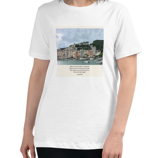 Women's Relaxed T-shirt with Poetry verse and Cinque Terre Photo